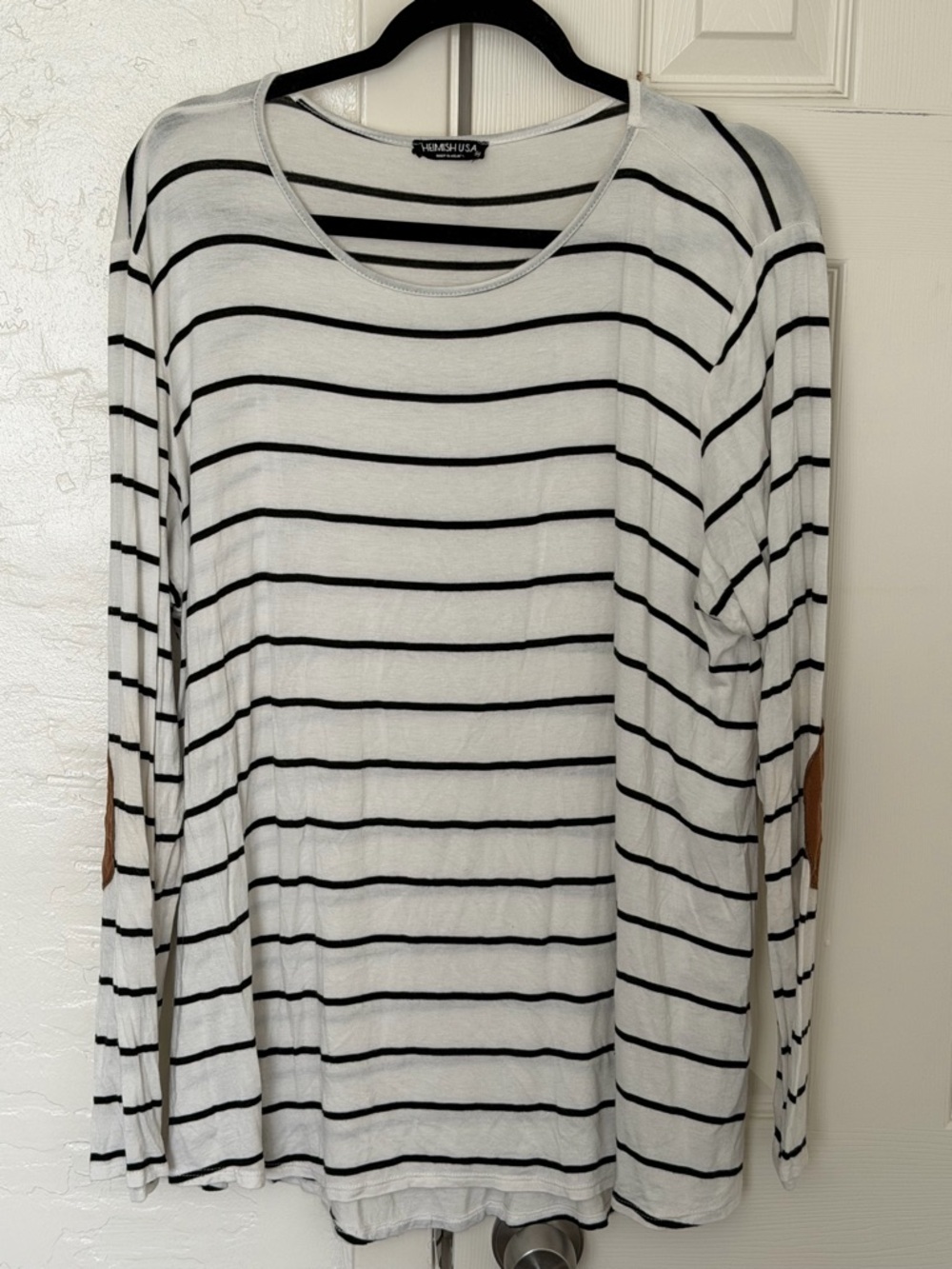 HEIMISH USA White and Black Striped Long-Sleeve Top with Elbow Patches